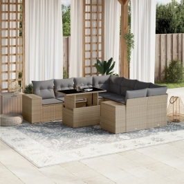 Set de sofás de jardín 9 pzas con cojines ratán sintético beige