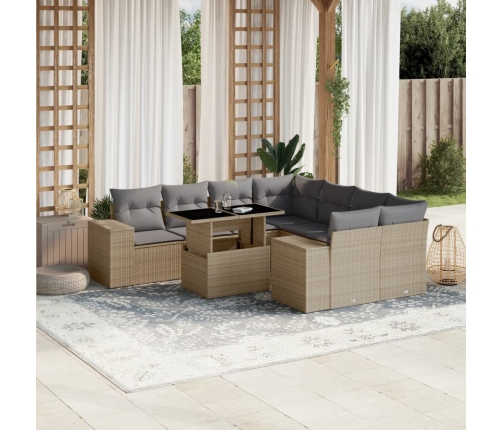 Set de sofás de jardín 9 pzas con cojines ratán sintético beige