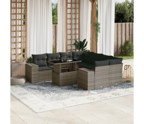 Set de muebles de jardín 9 pzas y cojines ratán sintético gris