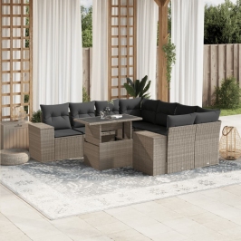 Set muebles jardín 9 pzas y cojines ratán sintético gris claro