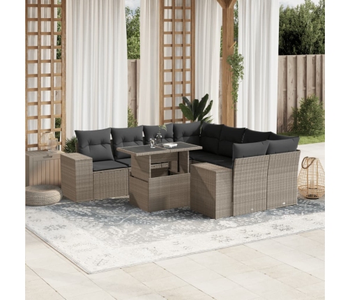 Set muebles jardín 9 pzas y cojines ratán sintético gris claro