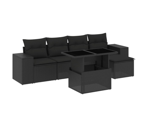 Set de sofás de jardín 6 piezas y cojines ratán sintético negro