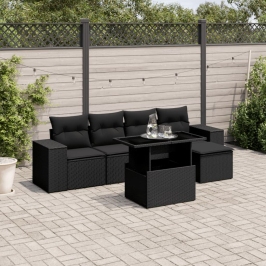Set de sofás de jardín 6 piezas y cojines ratán sintético negro