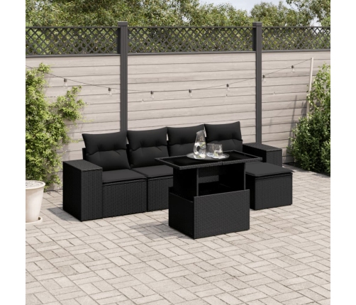 Set de sofás de jardín 6 piezas y cojines ratán sintético negro