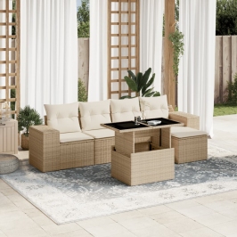 Juego de sofás jardín con cojines 6 pzas ratán sintético beige