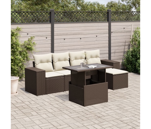 Set sofás de jardín 6 piezas y cojines ratán sintético marrón