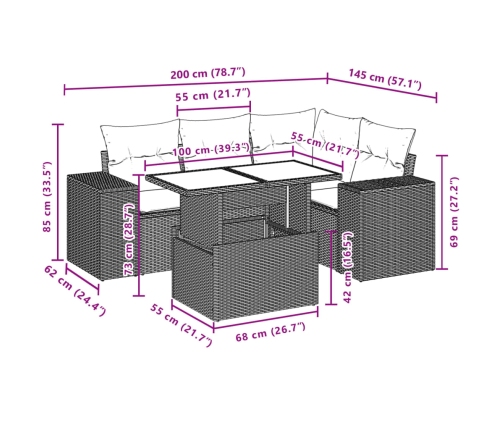 Set de muebles de jardín 5 pzas y cojines ratán sintético negro