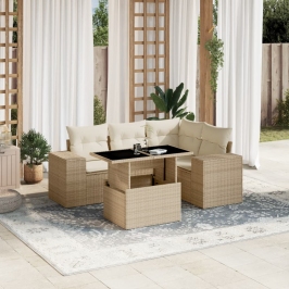Juego de sofás jardín con cojines 5 pzas ratán sintético beige
