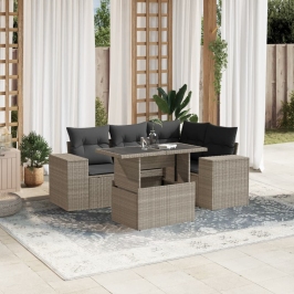 Set de sofás jardín y cojines 5 pzas ratán sintético gris claro