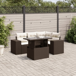 Set comedor de jardín 5 piezas y cojines ratán sintético marrón