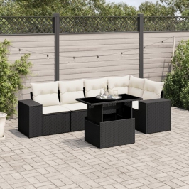 Set de sofás de jardín 6 piezas y cojines ratán sintético negro