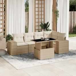 Juego de sofás jardín con cojines 6 pzas ratán sintético beige