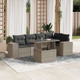Set de sofás de jardín 6 pzas y cojines ratán sintético gris