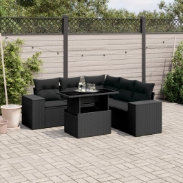 Set de sofás de jardín 6 piezas y cojines ratán sintético negro