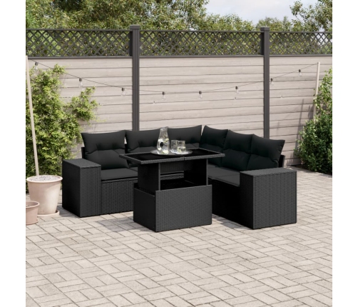 Set de sofás de jardín 6 piezas y cojines ratán sintético negro