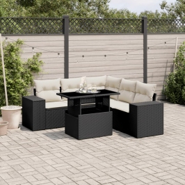 Set de sofás de jardín 6 piezas y cojines ratán sintético negro