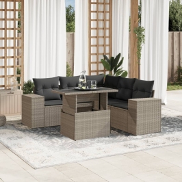 Set de sofás de jardín 6 pzas y cojines ratán sintético gris