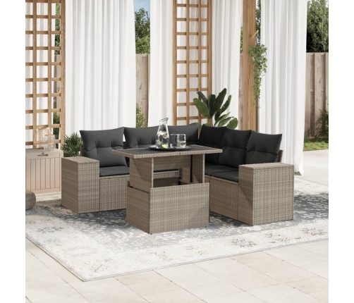 Set de sofás de jardín 6 pzas y cojines ratán sintético gris