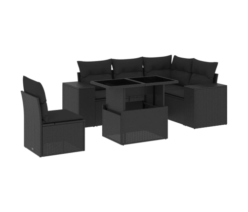 Set de sofás de jardín 6 piezas y cojines ratán sintético negro