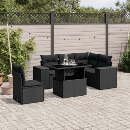 Set de sofás de jardín 6 piezas y cojines ratán sintético negro