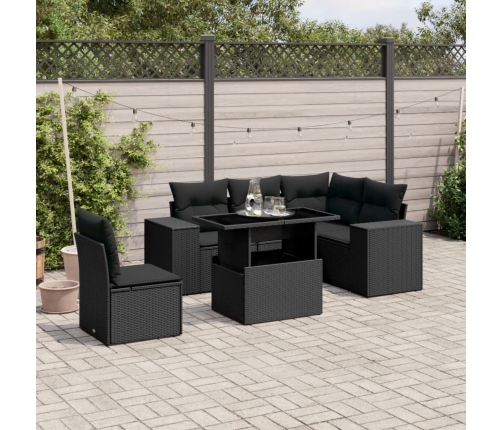 Set de sofás de jardín 6 piezas y cojines ratán sintético negro
