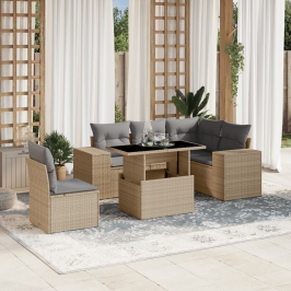 Juego de sofás jardín con cojines 6 pzas ratán sintético beige