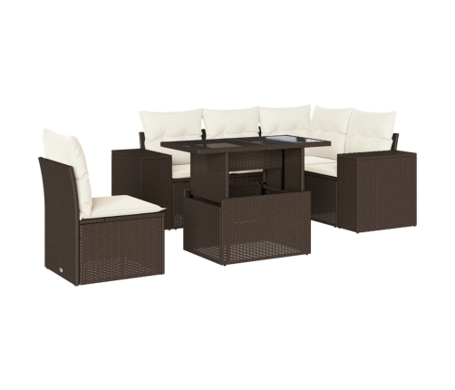 Set sofás de jardín 6 piezas y cojines ratán sintético marrón