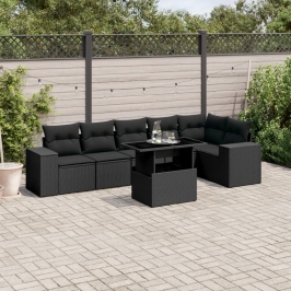 Set de sofás de jardín 7 pzas con cojines ratán sintético negro