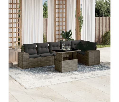 Set de sofás de jardín 7 pzas con cojines ratán sintético gris