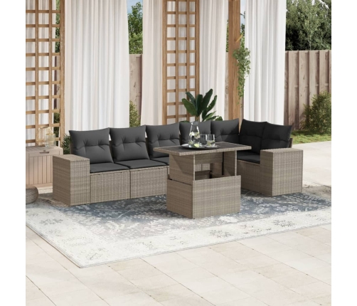 Set de sofás de jardín 7 pzas con cojines ratán PE gris claro