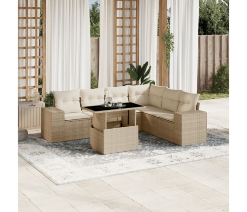 Set sofás de jardín 7 piezas y cojines ratán sintético beige