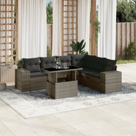 Set de sofás de jardín 7 pzas con cojines ratán sintético gris