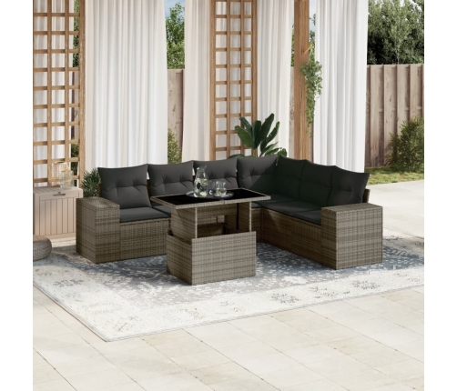 Set de sofás de jardín 7 pzas con cojines ratán sintético gris