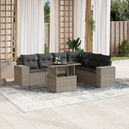 Set de sofás de jardín 7 pzas con cojines ratán PE gris claro