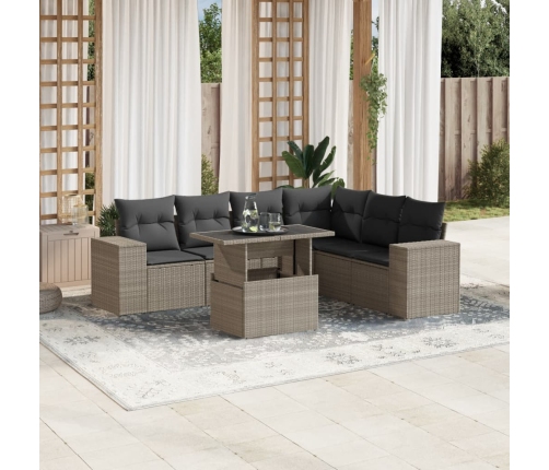 Set de sofás de jardín 7 pzas con cojines ratán PE gris claro