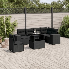 Set de sofás de jardín 7 pzas con cojines ratán sintético negro