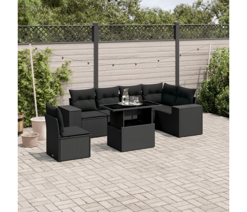 Set de sofás de jardín 7 pzas con cojines ratán sintético negro