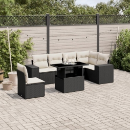 Set de sofás de jardín 7 pzas con cojines ratán sintético negro
