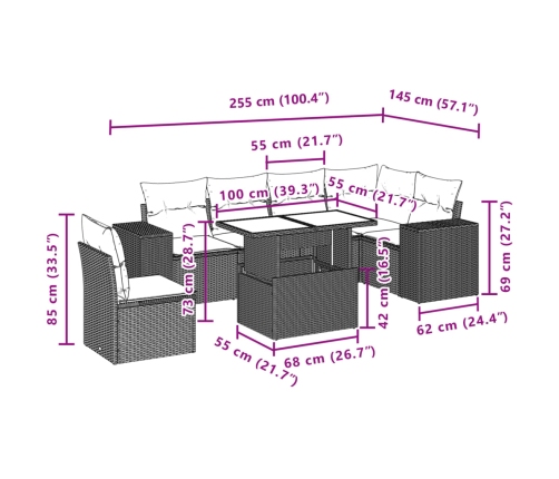Set sofás de jardín 7 piezas y cojines ratán sintético beige