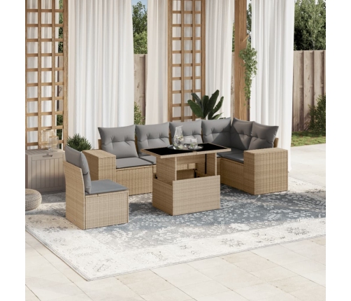 Set sofás de jardín 7 piezas y cojines ratán sintético beige
