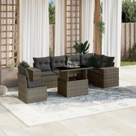 Set de sofás de jardín 7 pzas con cojines ratán sintético gris