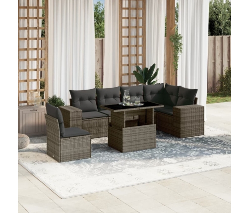 Set de sofás de jardín 7 pzas con cojines ratán sintético gris