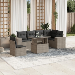 Set de sofás de jardín 7 pzas con cojines ratán PE gris claro
