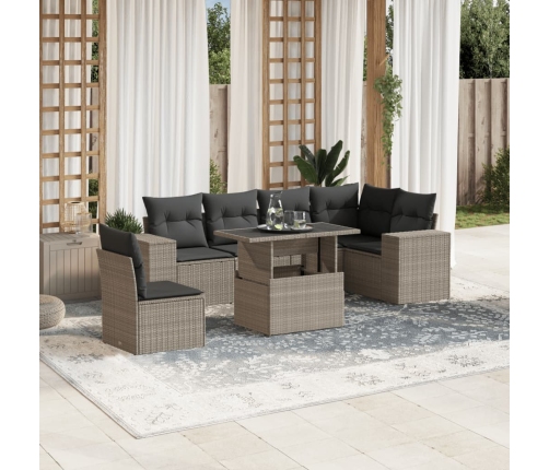 Set de sofás de jardín 7 pzas con cojines ratán PE gris claro