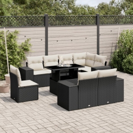 Set de sofás de jardín 8 piezas y cojines ratán sintético negro