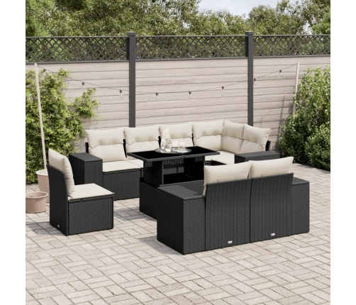Set de sofás de jardín 8 piezas y cojines ratán sintético negro