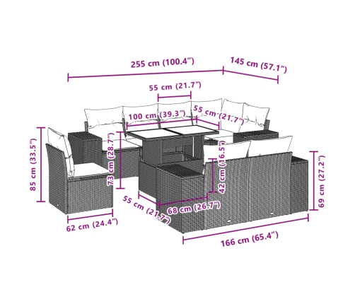 Set de sofás de jardín 9 pzas con cojines ratán sintético beige