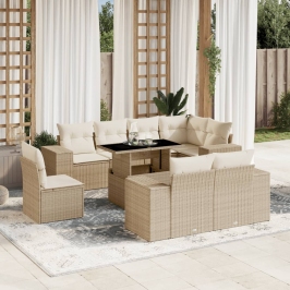 Set de sofás de jardín 9 pzas con cojines ratán sintético beige