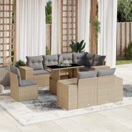 Set de sofás de jardín 9 pzas con cojines ratán sintético beige