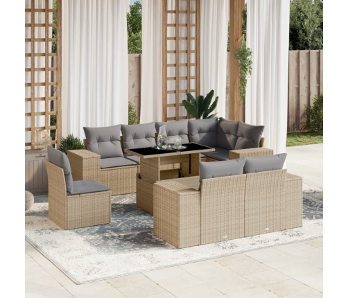 Set de sofás de jardín 9 pzas con cojines ratán sintético beige